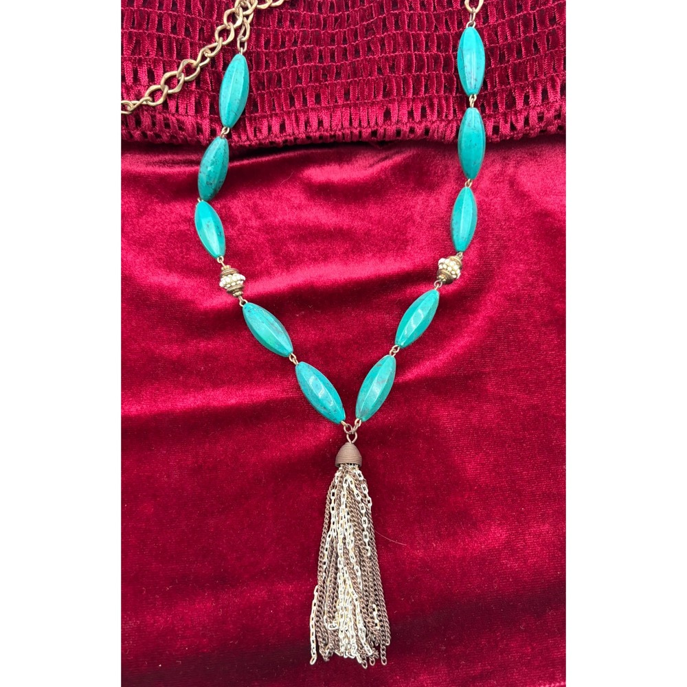 Vintage New York‎ & Co Long Turquoise Tassel Necklace Gold Tone Mixed Metal Boho